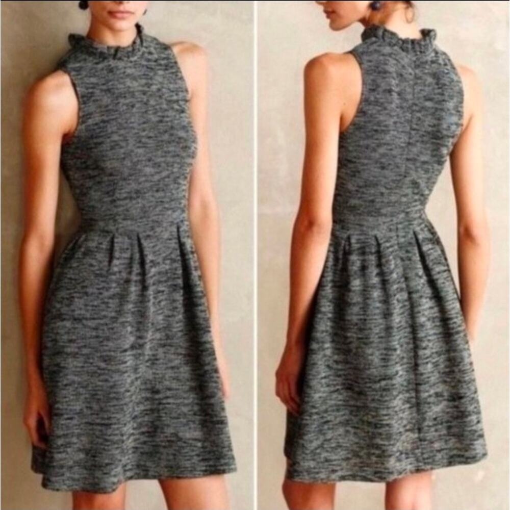 GANNI x Anthro Chic Sleeveless Tweed Fit & Flare Ruffle Neck Marled Dress Size L